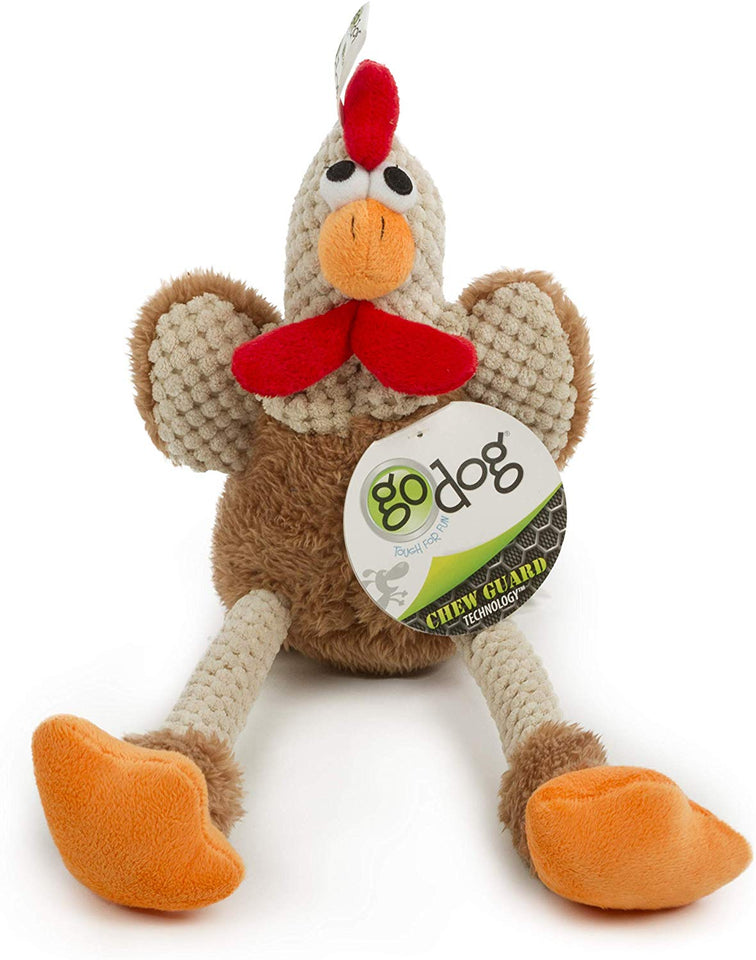 goDog Checkers Skinny Rooster With Chew Guard Technology Tough Plush Dog Toy, Brown, Small