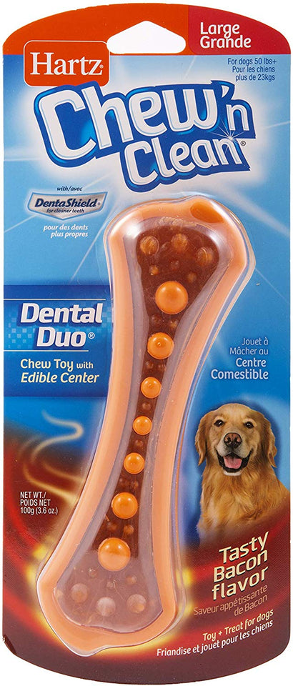 HARTZ Chew N' Clean Dental Duo Dog Chew Toy Bacon Flavor, Medium 1 EA, Marrón, Large