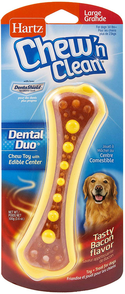 HARTZ Chew N' Clean Dental Duo Dog Chew Toy Bacon Flavor, Medium 1 EA, Marrón, Large