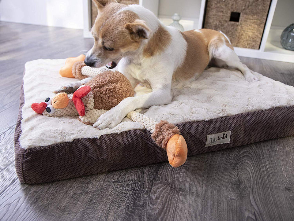 goDog Checkers Skinny Rooster With Chew Guard Technology Tough Plush Dog Toy, Brown, Small